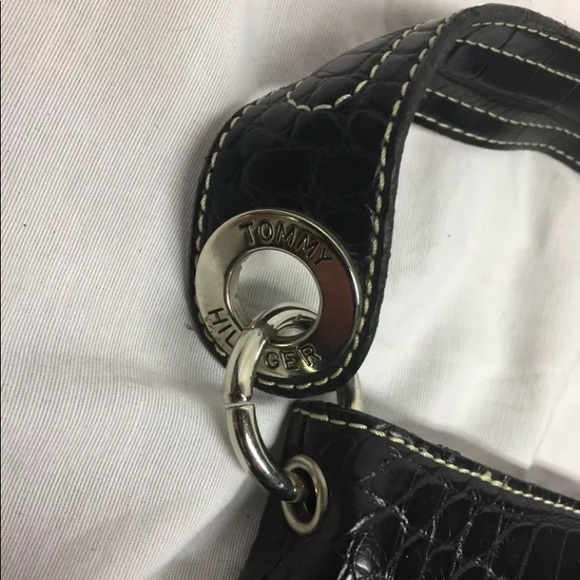 Vtg Tommy Hilfiger Blk Faux Croc Leather Baguette - Picture 3 of 6